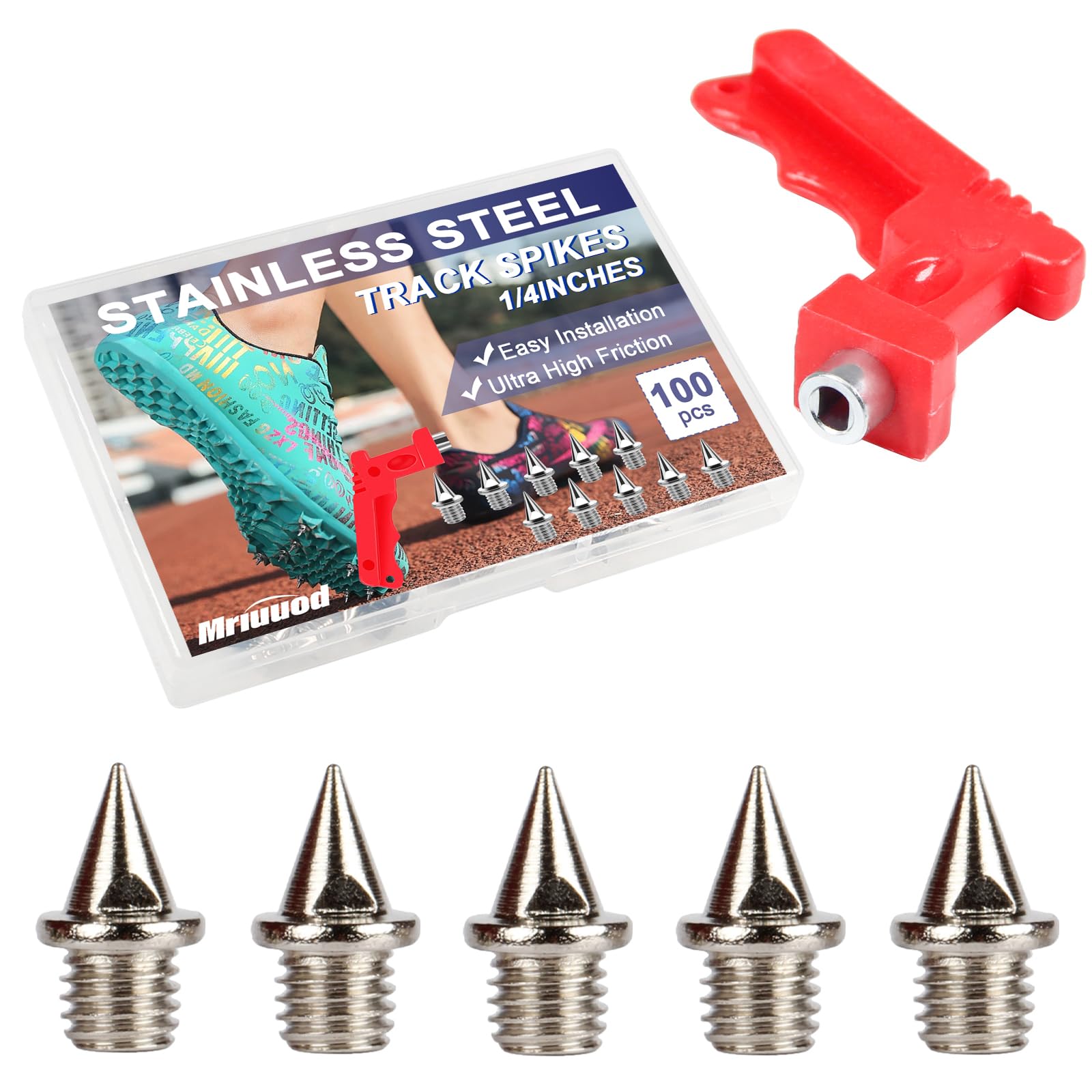 Photo 1 of 1/4 Inch Track Spikes, 100 Pcs Lighter Weight Stainless Steel Spikes with Spike Wrench, Replacement Track Spikes for Sprint Sports Short Running Track Shoes (Silvery)