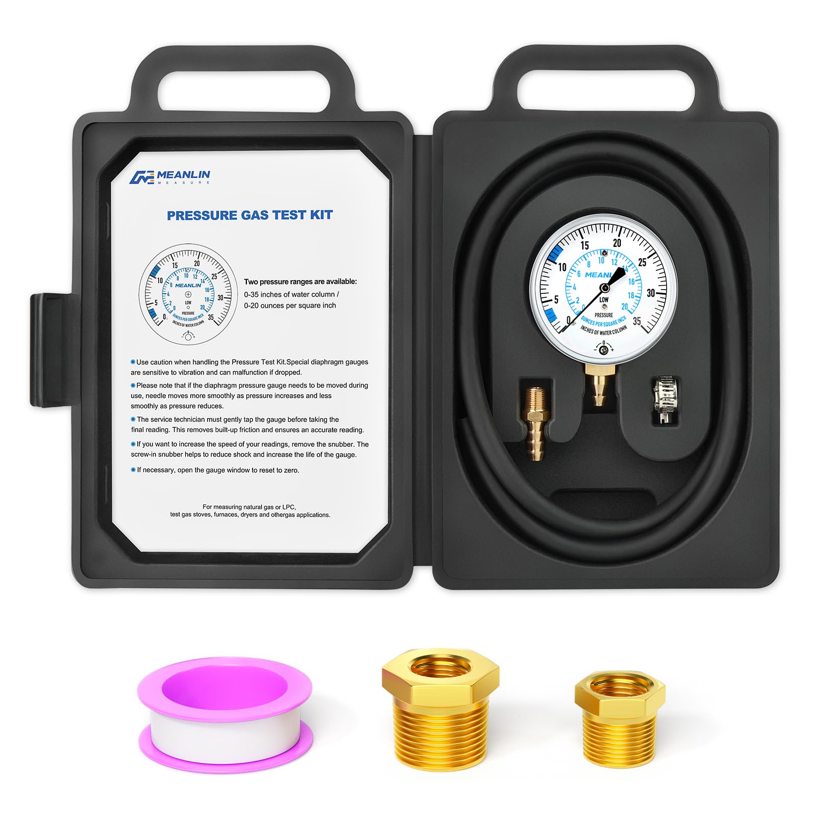 Photo 1 of **UNKNOWN MISSING PIECES/DAMAGES** MEANLIN MEASURE 0-35” WC Manifold Gas Pressure Test Kit, Pressure Gauge Kit for Natural Gas or LP Gas with 40" Feet Hose, 1/8” NPT Fitting with Barbed Connection and Hex Bushing