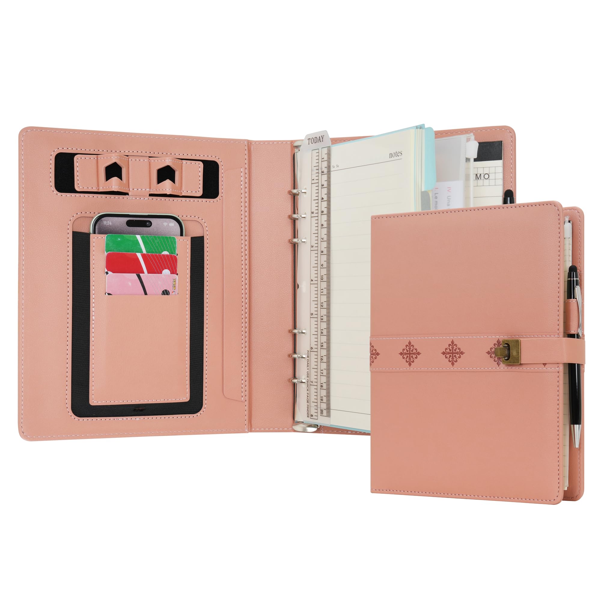 WASON A5 Diary PU Leather Composition Notebook Ruled Binder Journal with Pen, Refillable Paper, Removable Clipboard Portfolio, Notepad for Business Travel School Planner Organizer (Pink)