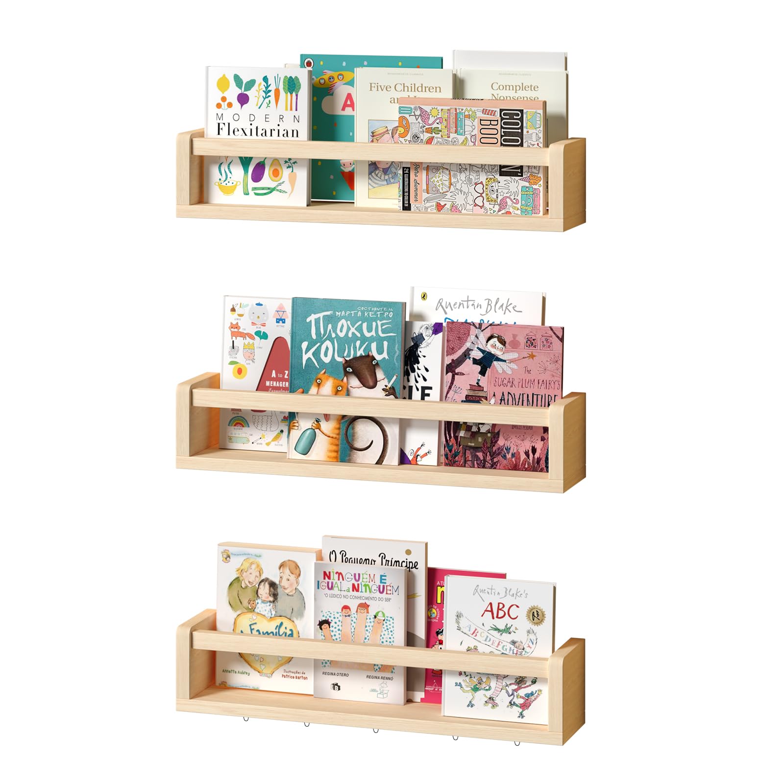 BBLIKE Nursery Book Shelves Set of 3 - Floating Wall Mounted Wood Shelves With Photo Display, Toy Storage for Kids Room, Playroom Decor