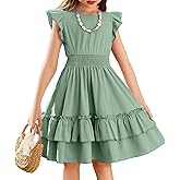 Arshiner Girls Dresses Flutter Sleeve A-Line Sundress Casual Summer Tiered Swing Midi Pocket Dress