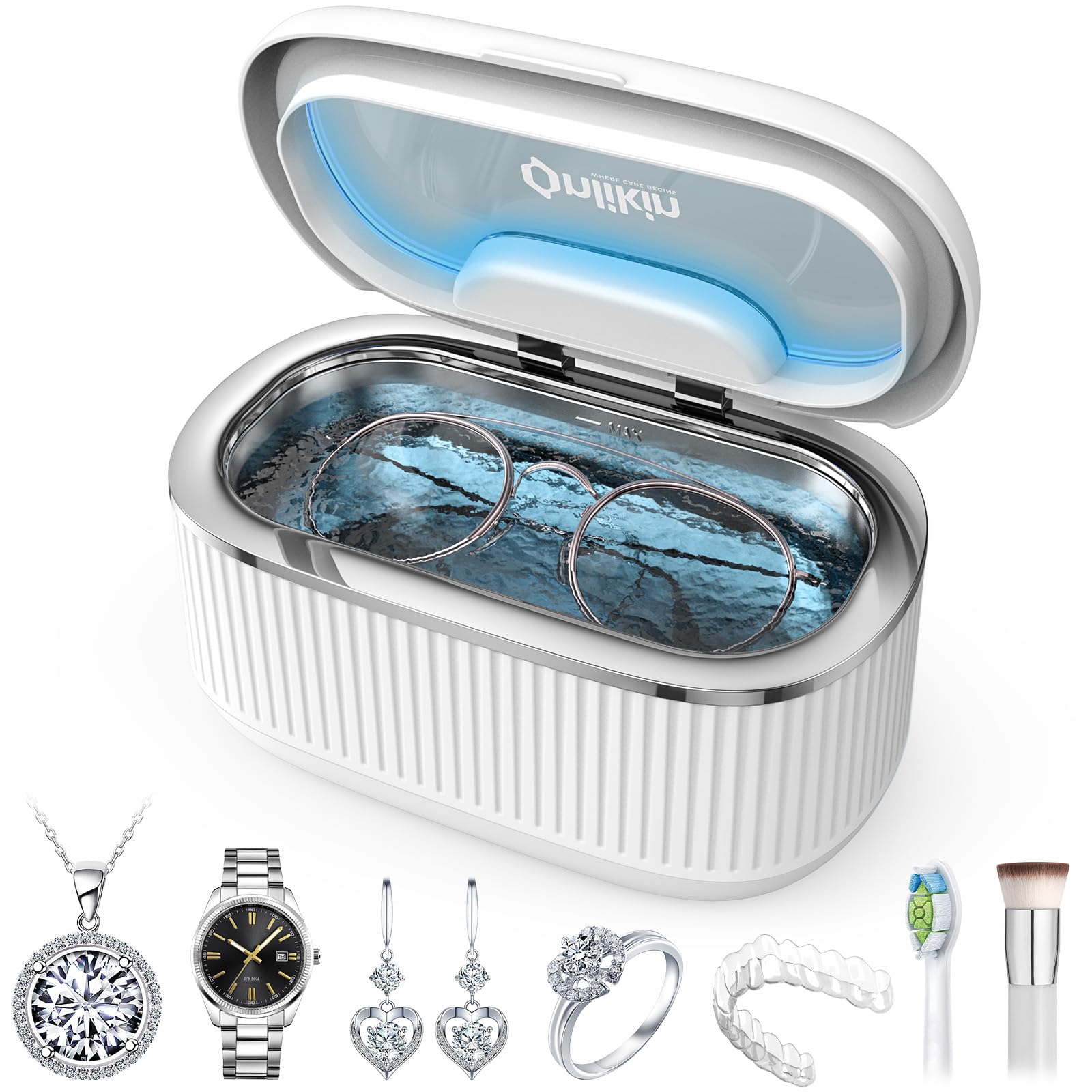 Photo 1 of onlikin 35W Ultrasonic Jewelry Cleaner, 45KHz Retainer Cleaner for Jewelry, 5 Timer & 3 Power Modes, Eyeglasses, Rings, Watch Strap, Dentures - 20oz, 304 Stainless Steel Tank, Quiet <38dB (White)