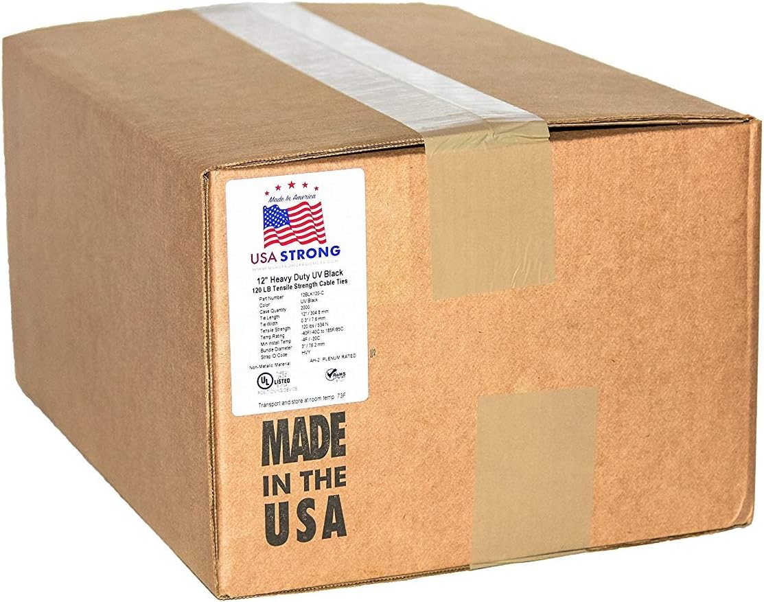 Heavy Duty Cable Zip Ties. Durable strong nylon tie wraps, 120 LB Tensile Strength (12 Inch 2,000 Case, UV Black)