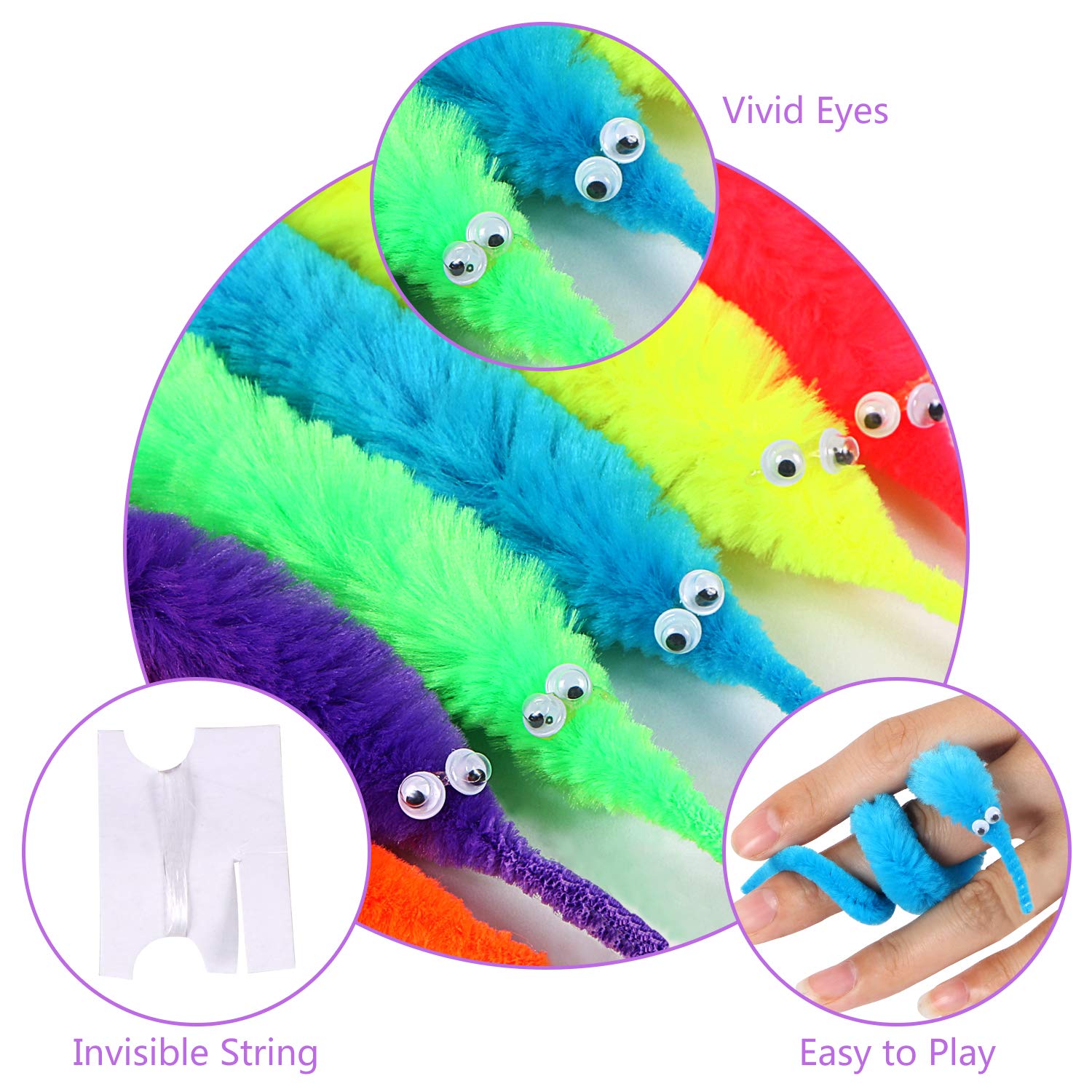 UNIME 12 Pack Magic Worm Toys Wiggly Twisty Fuzzy Worms On String Trick Toys Carnival Party Favors,6 Colors