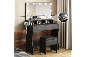 Vabches Makeup Vanity with Lighted Mirror & Power Outlet, White Vanity Set Vanity Desk, Clearance Makeup Vanity 3 Lighting Colors, Brightness Adjustable, 31.5in(W)