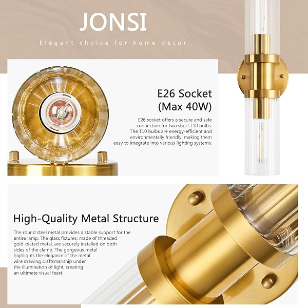 JONSI 2-LIGHT GOLD WALL SCONCE, BRUSHED GOLD BATHROOM VANITY LIGHT FIXTURE WITH GLASS SHADE, 18.2 INCH UP AND DOWN WALL MOUNT LAMP FOR MIRROR HALLWAY KITCHEN LIVING ROOM