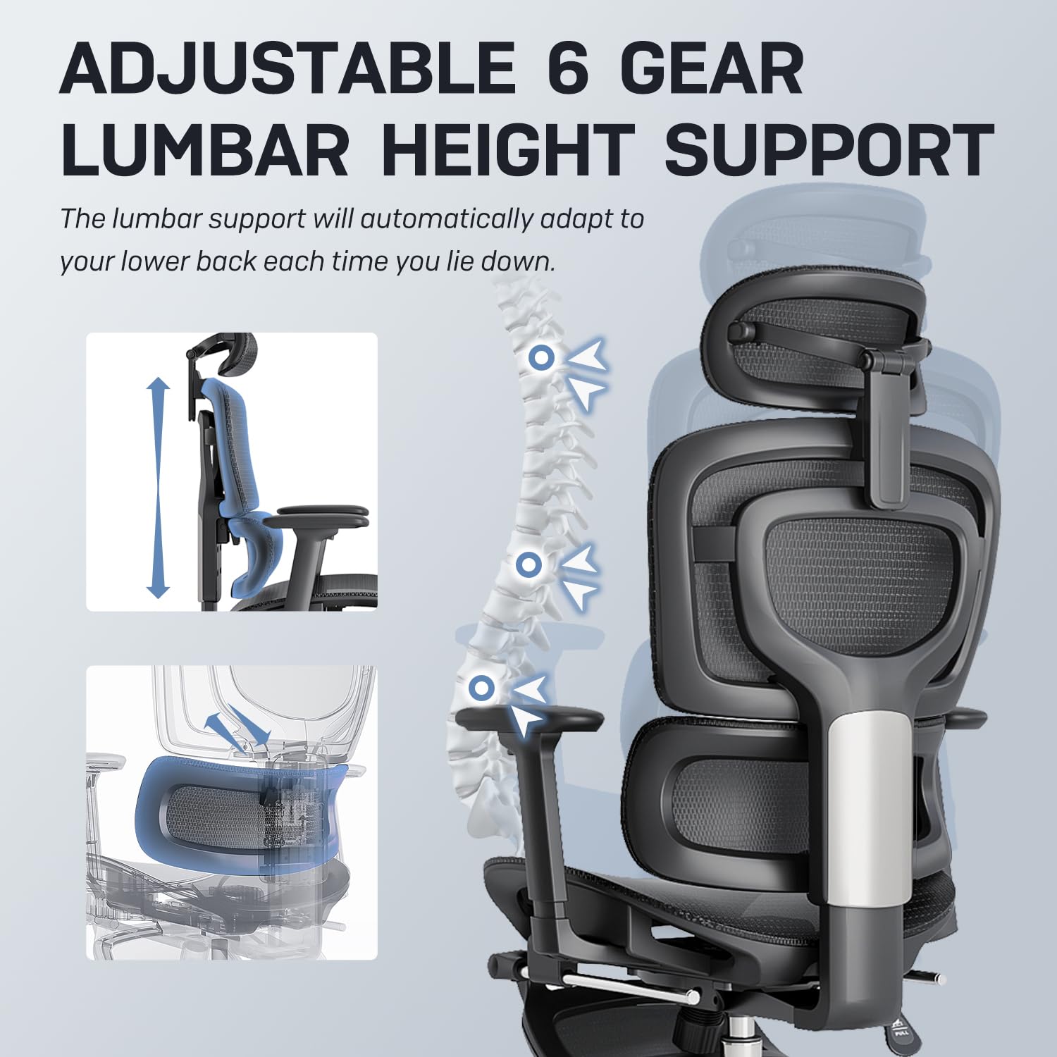 Ergonomic Office Chair, Breathable Mesh with Adaptive Lumbar Support, 3D Headrest, Armrests, Retractable Footrest, and a Six-Position Adjustable Backrest, Black - Image 4
