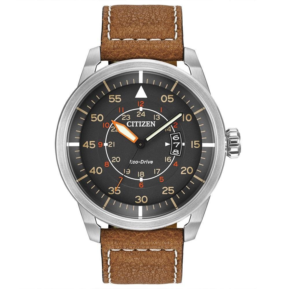 Reloj Avion Eco-Drive de 3 manecillas con fecha y correa de cuero para hombre Citizen (Estilo: AW1361:10H)