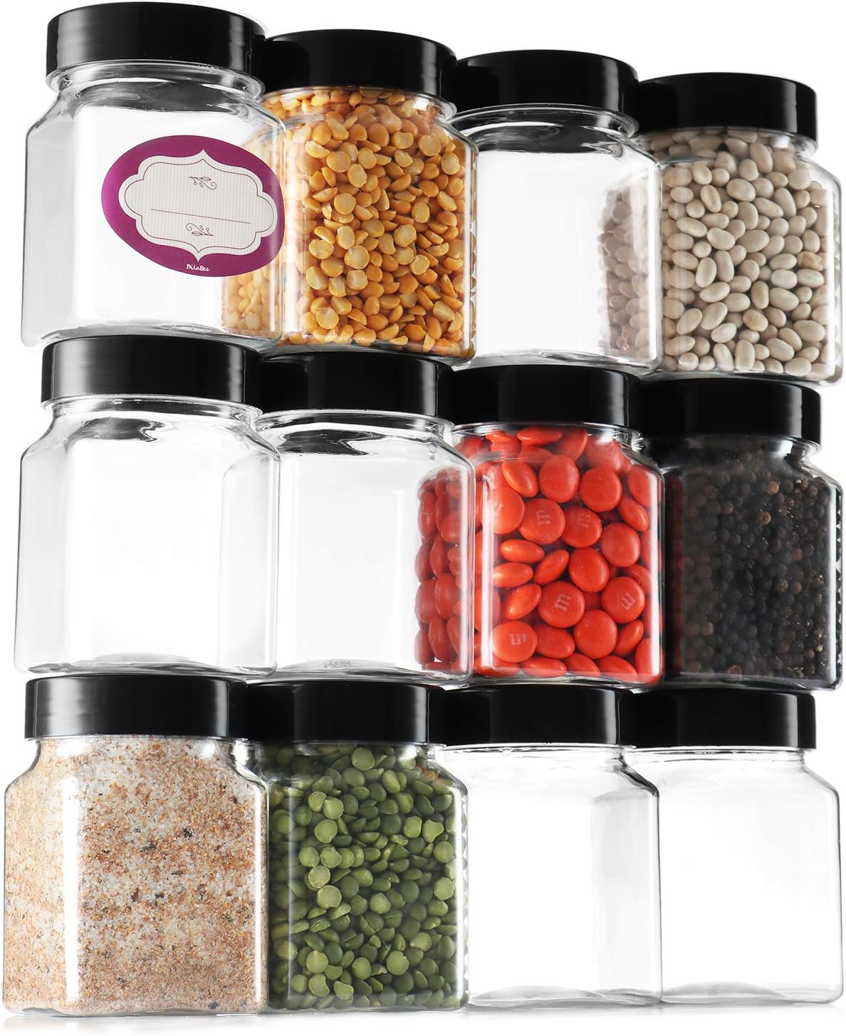 Clear Empty Plastic Storage containers with Lids - Square Plastic Containers - Plastic Jars with Lids and Labels – BPA Free Plastic Jar - Food Grade Air Tight – Pantry Canisters (12 Pack 6 Oz)
