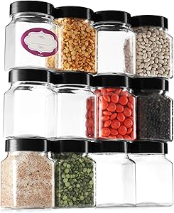 Clear Empty Plastic Storage containers with Lids - Square Plastic Containers - Plastic Jars with Lids and Labels – BPA Free Plastic Jar - Food Grade Air Tight – Pantry Canisters (12 Pack 6 Oz)