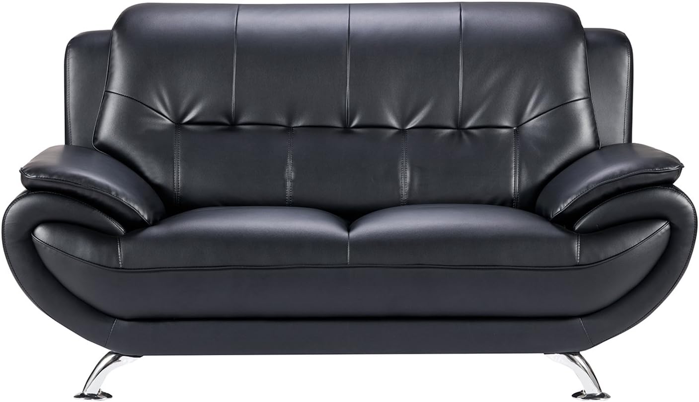 American Eagle Furniture Highland Bonded Leather Living Room Loveseat with Pillow Top Armrests, Black