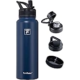 Fanhaw 40 oz Insulated Water Bottle – Stainless Steel Flask with 3 Lids (Straw, Spout, Carabiner) | Durable, Leakproof, for Hiking, Camping, Outdoor Adventures & Travel (Navy Blue)