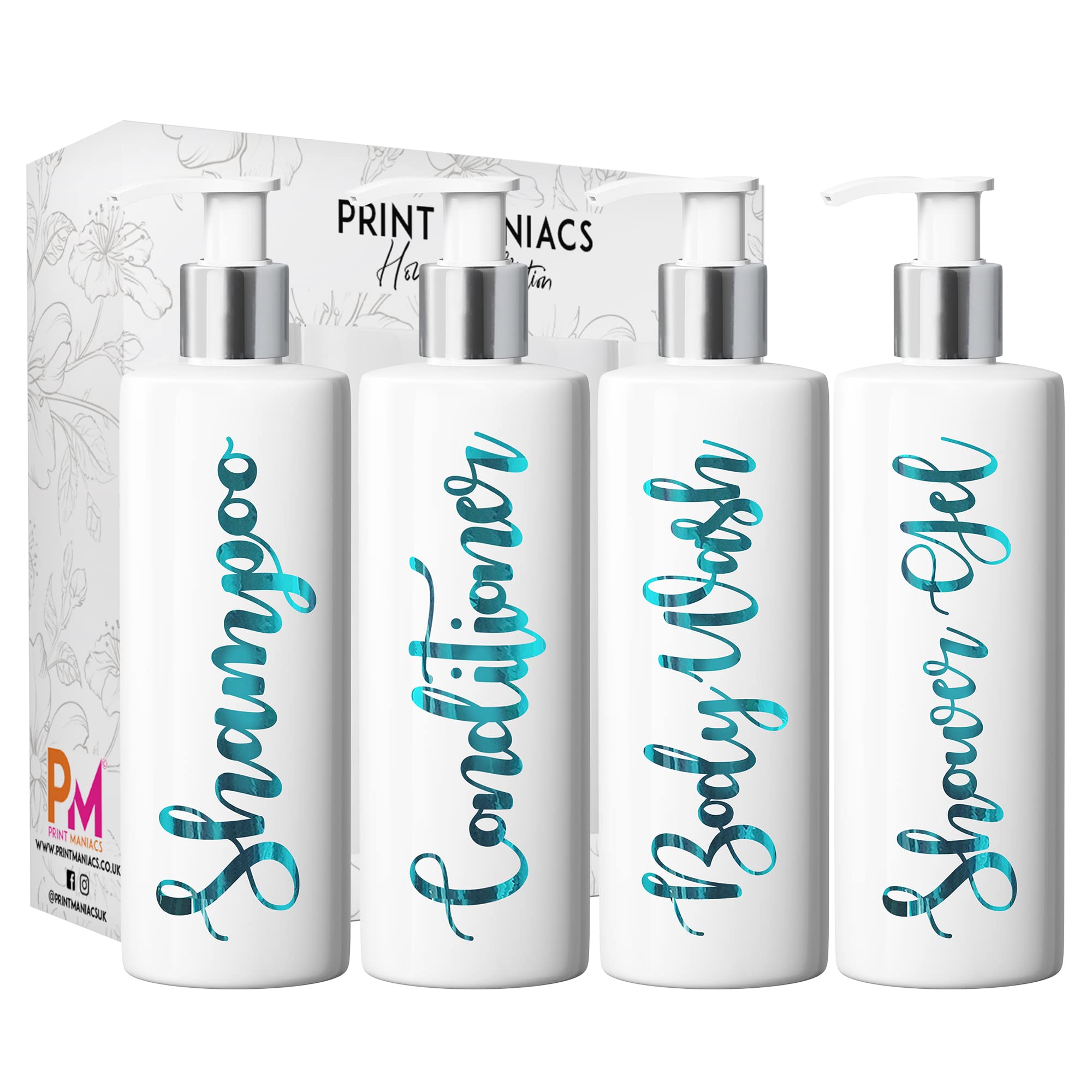 Print Maniacs White Mrs Hinch Inspired Personalised 500ml Pump Bottles Bathroom Lotion Kitchen Set Shampoo Conditioner (Shower Gel Set) (Teal)