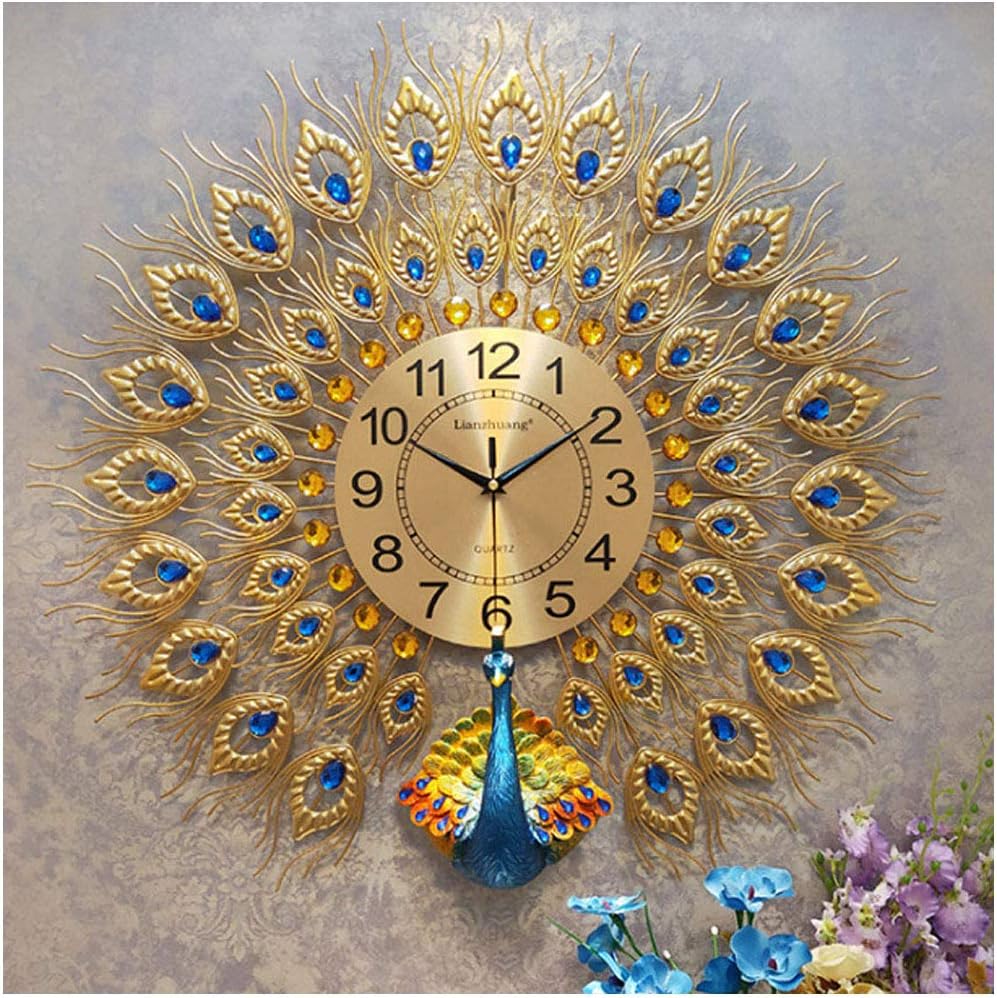 Decorative Wall Clock Metal Peacock Wall Clock Mute Crystal Living Room