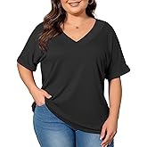 CARROTMOB Women's Plus Size Casual V Neck T-Shirt Loose Fit Short Sleeve Blouse Curvy Tunic Top Fashion Clothing