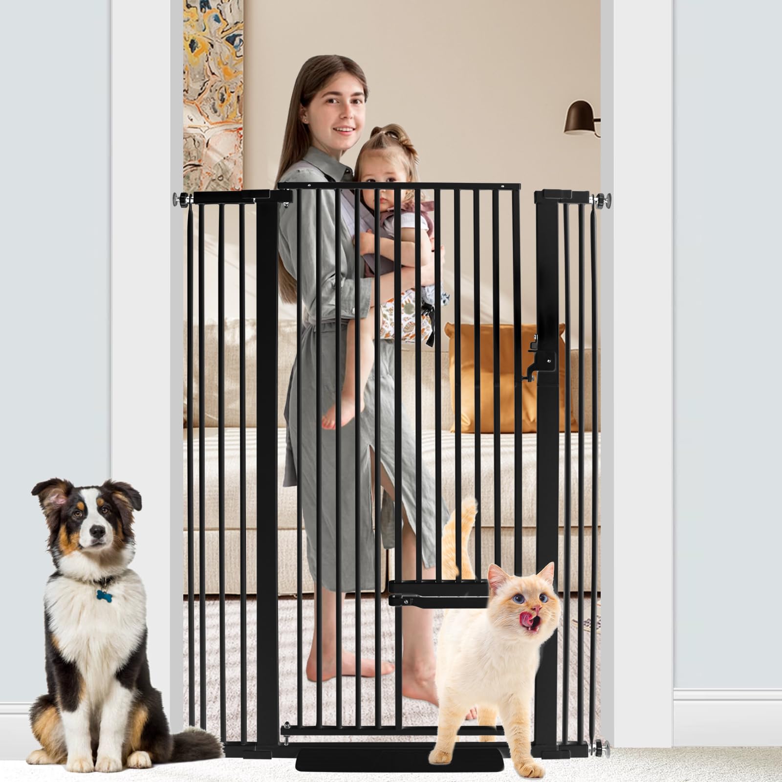 Photo 1 of SHYUJAJIE 55 Inch Extra Tall Pet Gate with Small Cat Door, Adjustable 29.55" and -40.55" Wide Baby Gate, Tall Dog Gates for Doorway, Stairs, House,Black