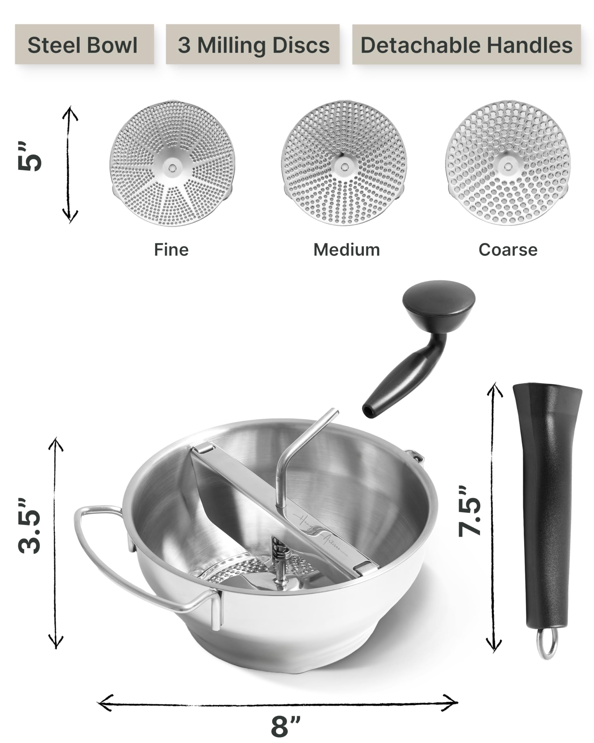 Stainless Steel Food Mill with Detachable Handles – Hand Crank Grinder for Baby Food, Tomato Sauce & Mashed Potatoes – Includes 3 Discs – Easy to Use & Clean – Great for Home Chefs, Parents & Canning