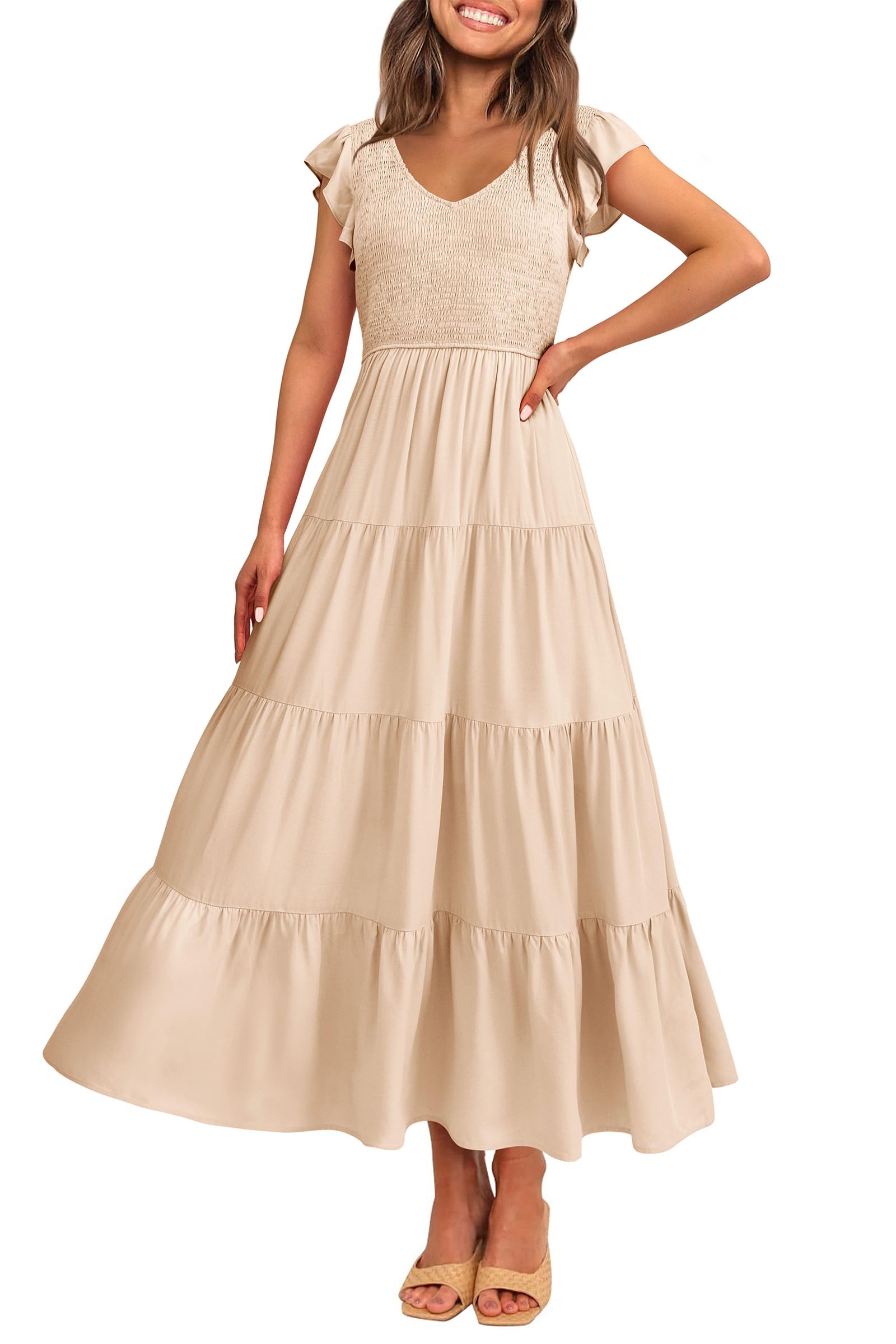 Photo 1 of PRETTYGARDEN Women's Summer Flowy Maxi Dress Casual Cap Sleeve V Neck Smocked Beach Sundress (Solid Beige,Large)