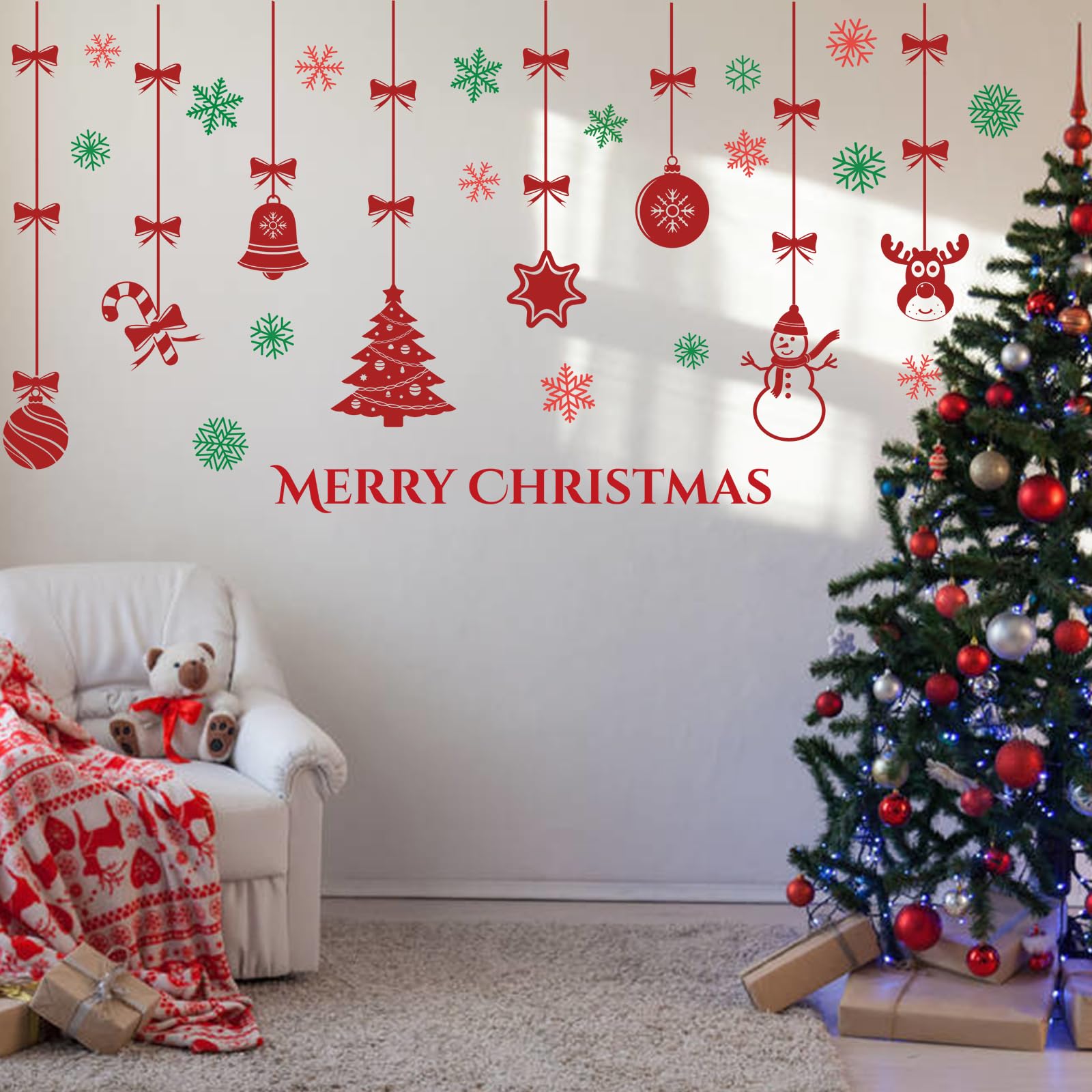 Merry Christmas Wall Decals Red Xmas Tree Snowflake Wall Stickers Removable Peel and Stick Art Murals for Bedroom Nursery Classroom Kids Room Christmas Party Decoration (Red)