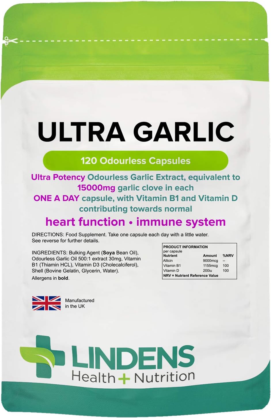 Lindens Cardio Knoblauch 15.000 mg 120 Geruchlose Kapseln 10, 500mcg Allicin pro Kapsel