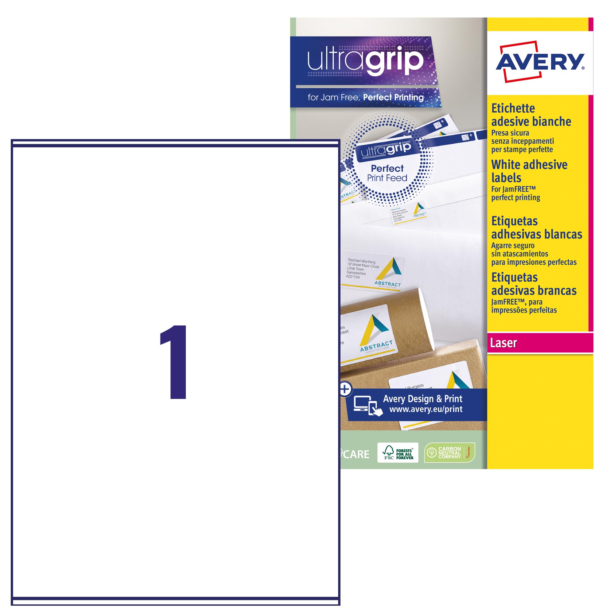 AVERY - 15 Custom White Self-Adhesive Address Labels - No Jam - Format 199.6 x 289.1 mm - Laser Printing