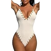 HYTENSUN Women's Criss Cross One Piece Swimsuits V Neck Binding Ribbed Swimwear High Cut Bathing Suit