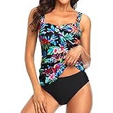 Holipick Two Piece Underwire Tankini Swimsuits for Women Tummy Control Tankini Top Bandeau Bathing Suits with Bottom