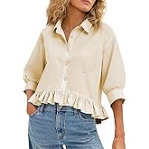 CHYRII Womens Summer Tops Dressy Casual Blouse Top Ruffled Short Sleeve Button Down Striped Shirt