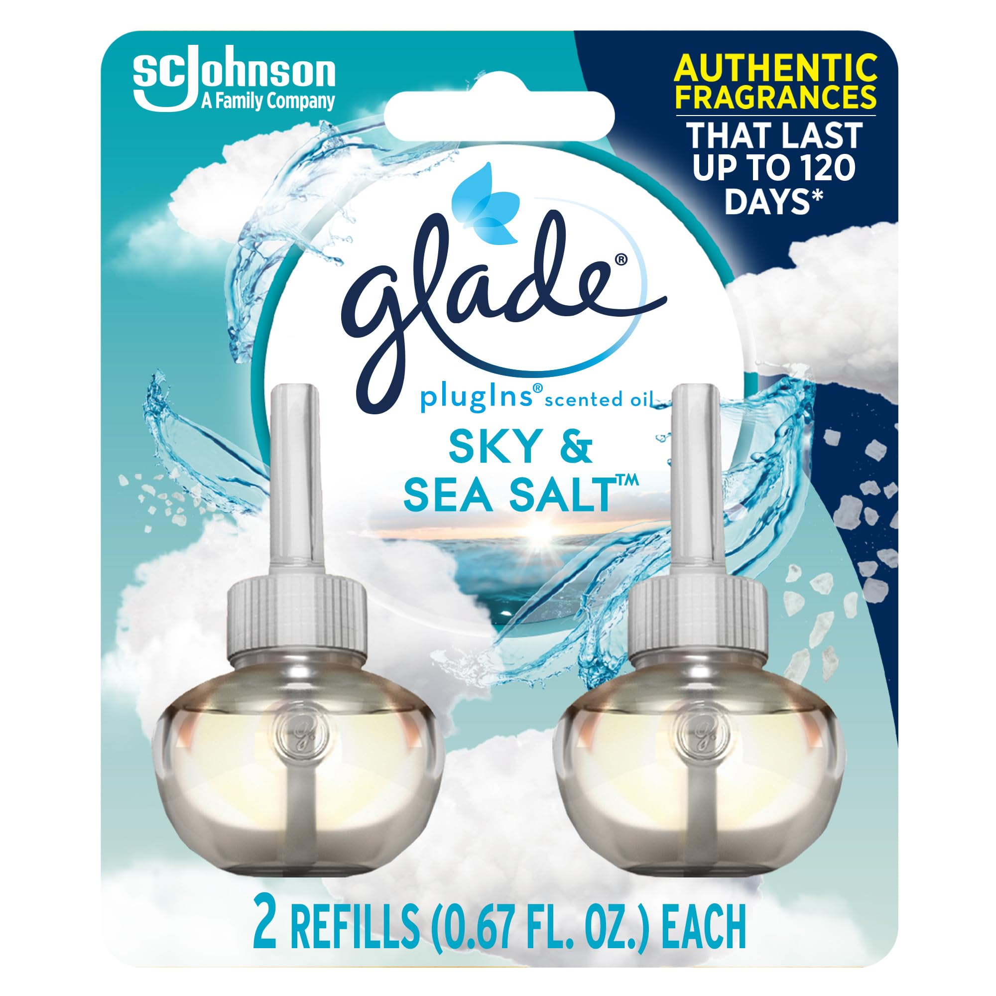 Glade PlugIns Refills Air Freshener, Scented and Essential Oils for Home and Bathroom, Sky & Sea Salt, 1.34 Fl Oz, 2 Count