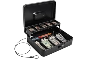Kasten Cash Box with Money Tray, Combination Lock Box with Security Cable, Money Organizer for Cash, 11.8"x 9.5"x 3.5", Large Black