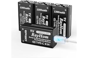 RayHom USB Rechargeable 9V Lithium Batteries - 4-Pack 9 Volt Li-ion Battery for Smoke Detector, with 2 USB-C 2-in-1 Charging Cable, High Capacity 1300 mAh, Quick Charges 2 Hours, Over 1000+ Cycles