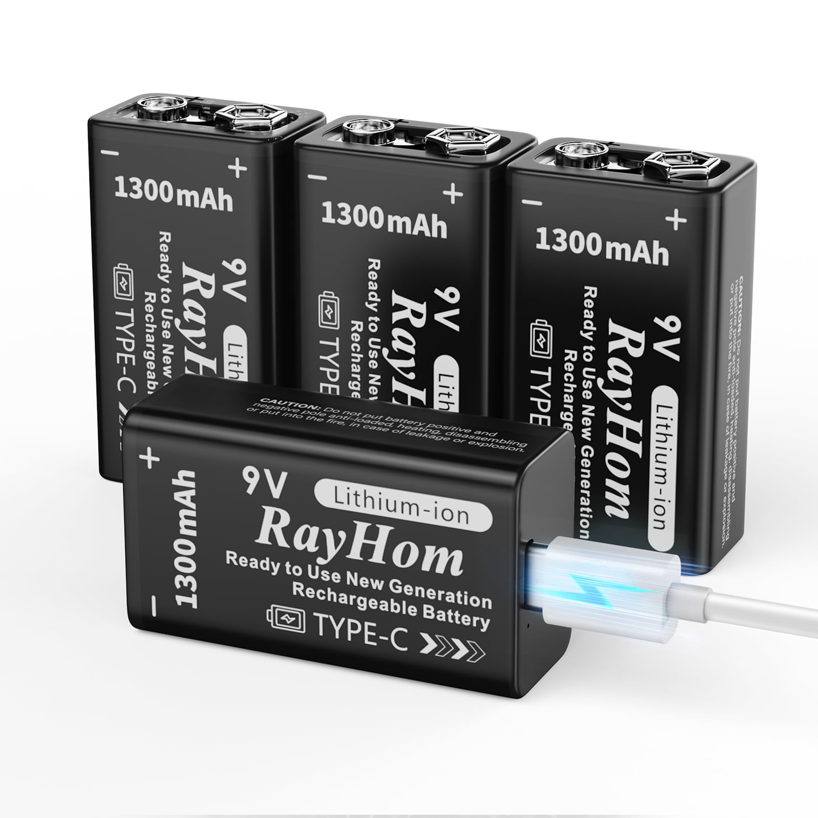 Photo 1 of RayHom USB Rechargeable 9v Lithium Batteries - 4-Pack 9 Volt Li-ion Battery for Smoke Detector, with 2 USB-C 2-in-1 Charging Cable, High Capacity 1300 mAh, Quick Charges 2 Hours, Over 1000+ Cycles