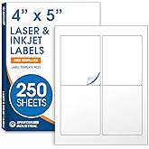 4" X 5" Matte White Printable Labels for Inkjet and Laser Printers - 250 Sheets, 1000 Custom Stickers for Shipping Labels, Address Stickers, Organization - Spartan Industrial Template R022