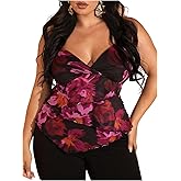 BEAUDRM Women's Plus Size Floral Camisole Ruffle Mesh Tops V Neck Spaghetti Strap Asymmetrical Peplum Cami Crop Tops