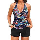 Women Tankini Swimsuit with Shorts - Halter Two Piece Swimsuit with Pocket Tummy Control Bathing Suit 2025 Swimwear