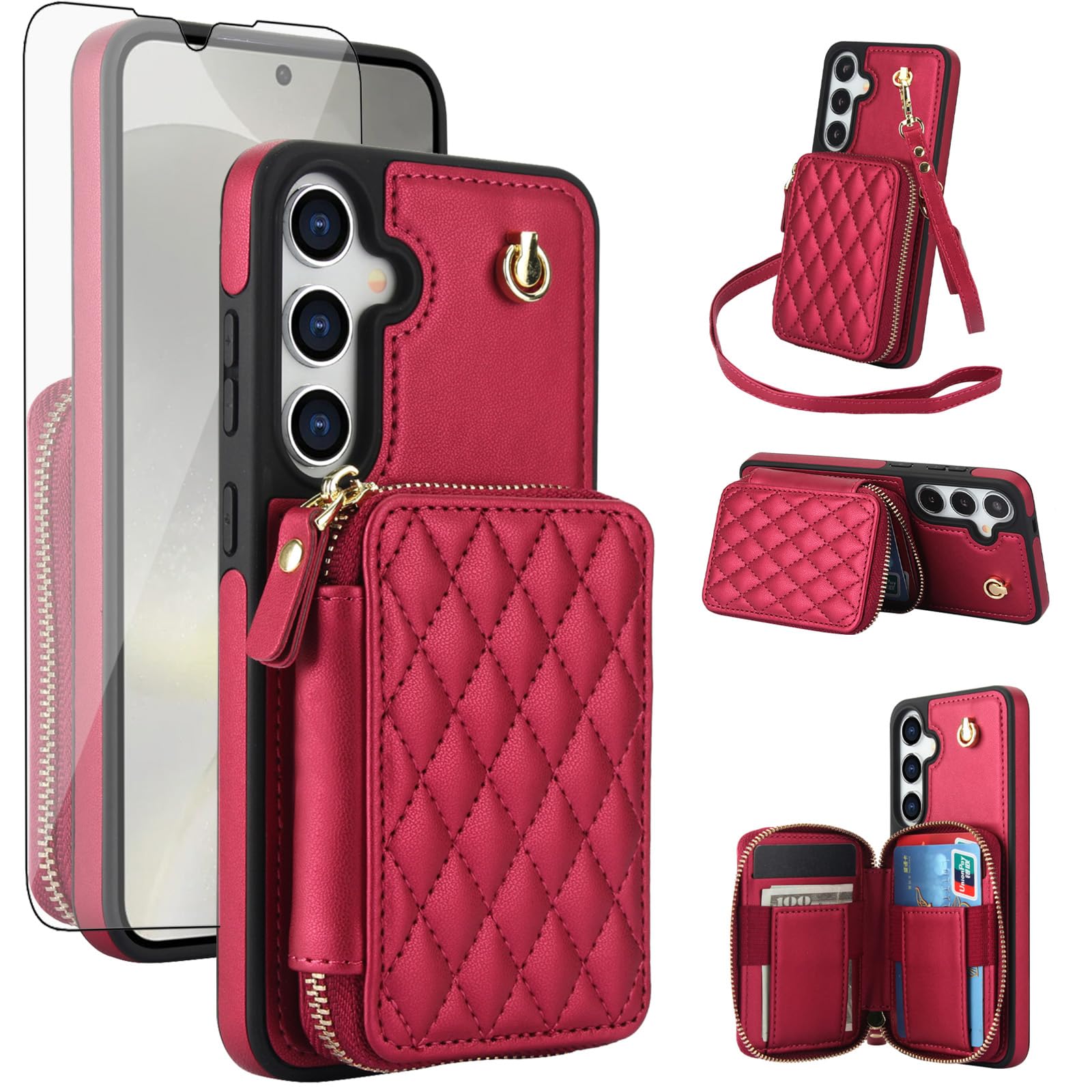 Photo 1 of Phone Case for Samsung Galaxy S24 FE 5G Wallet Cell Cover with Tempered Glass Screen Protector Wrist Crossbody Strap Stand RFID Blocking Credit Card Holder Slot S 24 EF AI S24FE 24S Women Girls Red