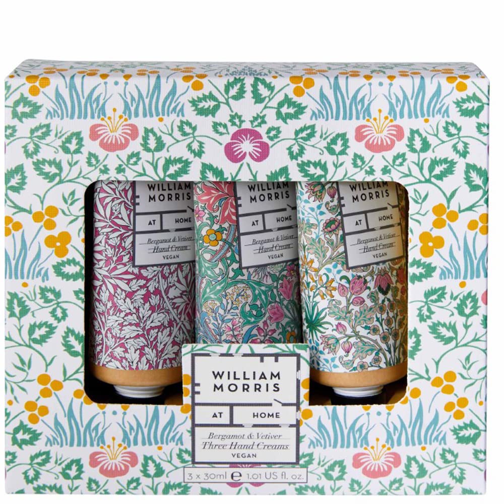 William Morris At Home Hand Creams 30ml x3, Bergamot and Vetiver Scented Pocket Hand Cream Moisturiser, Fragrance with Essential Oils, Travel Size, Vegan and Cruelty Friendly, Beauty Gift For Her
