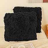 HAIHUA Faux Fur Black Throw Pillow Covers, Fluffy Soft Fuzzy Decorative Pillow Cases Cute Pillowcases for Home Bedroom Living Room, Zipper Closure, Set of 2 (Black, 18"x 18")