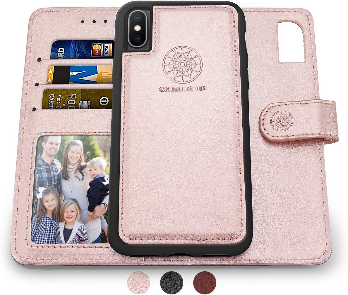 Shields Up iPhone Xs Case/iPhone X Case, [Detachable] Magnetic Wallet Case, Durable and Slim, Lightweight with Card/Cash Slots, Wrist Strap, [Vegan Leather] Cover for Apple iPhone Xs/X -Rose Gold