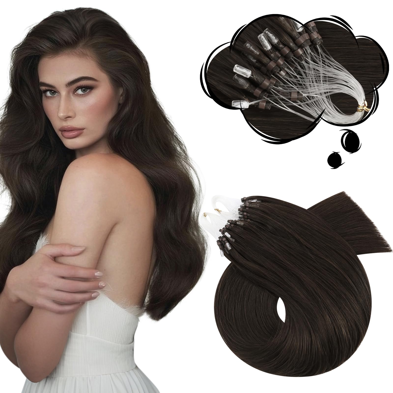 Moresoo Micro Ring Hair Extensions Real Human Hair Darkest Brown 16 Inch Micro Loop Hair Extensions Remy Human Hair Brown 1G/Strand Cold Fusion Easy to Install 50g/Pack #2 — image 1