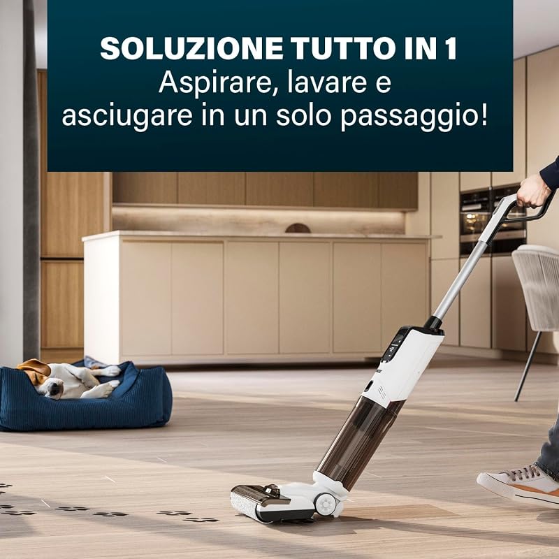 337010 AquaMotion Plus Lavapavimenti, 4 in 1 Aspira, Lava & Asciuga, Senza Fili, 50 Min Autonomia, Filtro HEPA, Autopulizia, 170W, 75dB, Display Intelligente, Base di Ricarica, Leggero