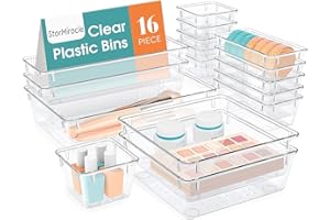 StorMiracle 16 PCS Drawer Organizer Set, 5 Varied Size Bathroom and kitchen Drawer cabinet organizer Trays, Clear Storage Bins for Makeup, Jewelry, Utensils and Gadgets