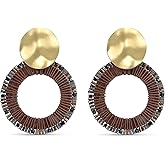 Boho Beaded Circle Earrings for Women Lightweight Statement Dangle Earrings Drop with Hammered Gold Disc Colorful Hoop Trendy Boho Jewelry Gift