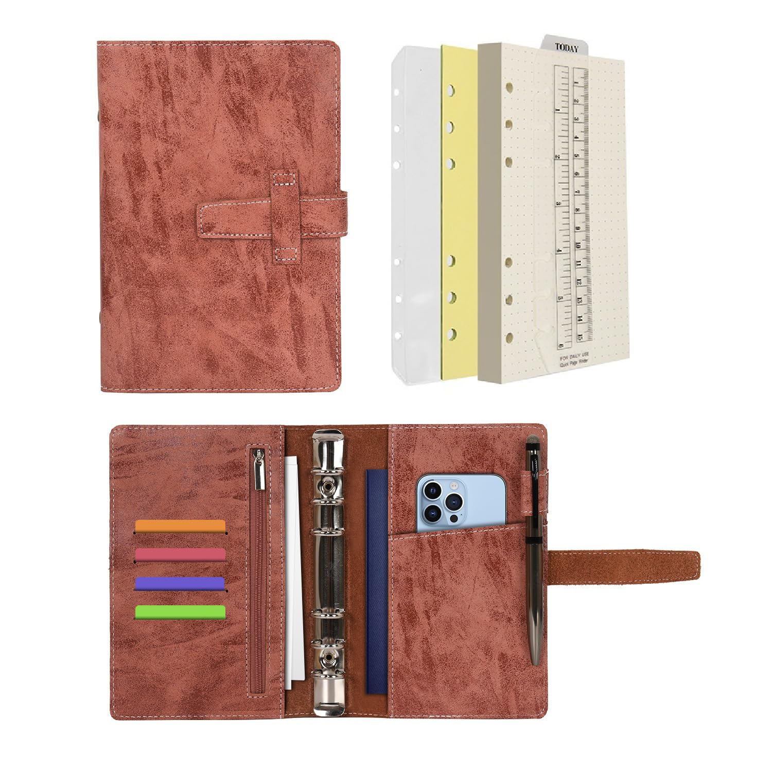 Wonderpool Leather Diary 6 Ring Binder Folder Organiser with Dotted Paper Refillable Writing Notebook & Multi Pockets Cover for Business Study Travel (A6, Brown)
