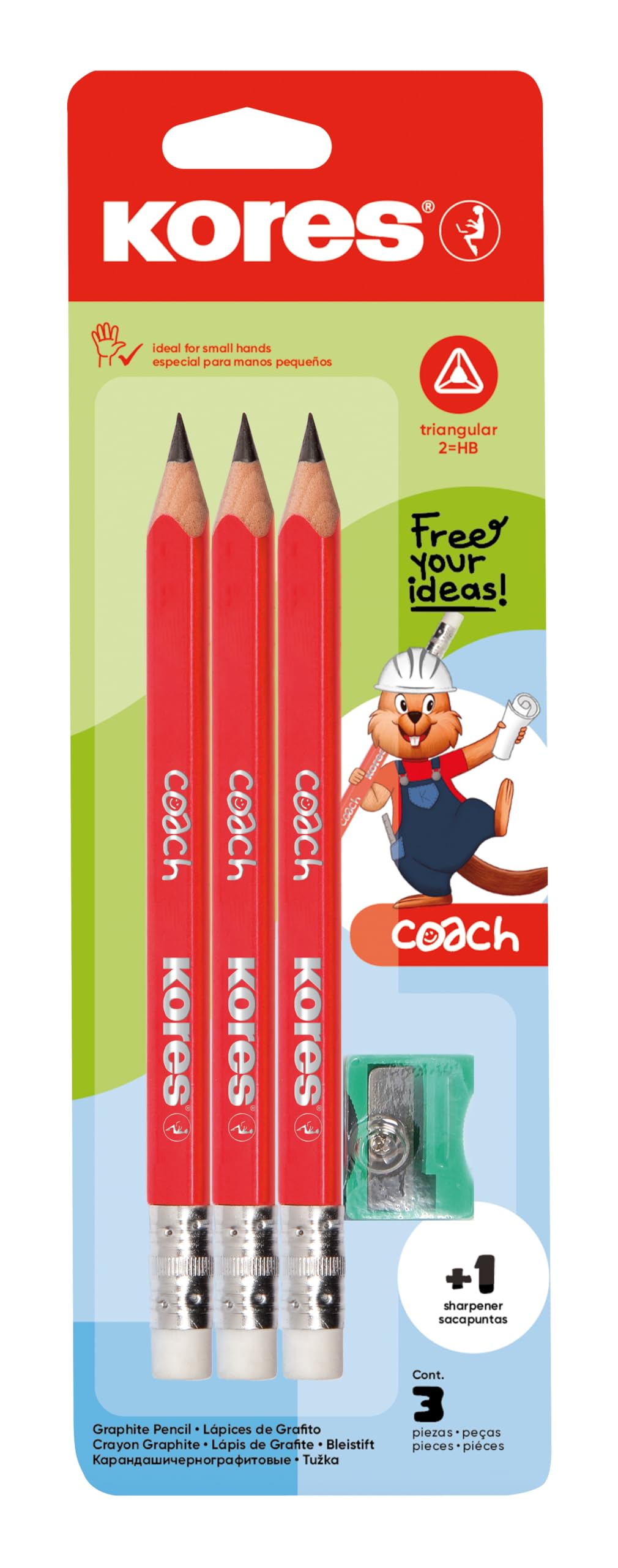 Kores - Jumbo Graphite Pencils for Kids - Coach, Soft HB Lead and Eraser Tip Wooden - Ergonomic Shape - Back to School Supplies, Pencil Set - Pack of 3