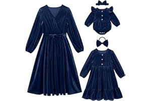 AWIBMK Mommy and Me Christmas Dresses Long Sleeve Velvet Dress Fall Winter Xmas Holiday Mom Daughter Matching Outfits