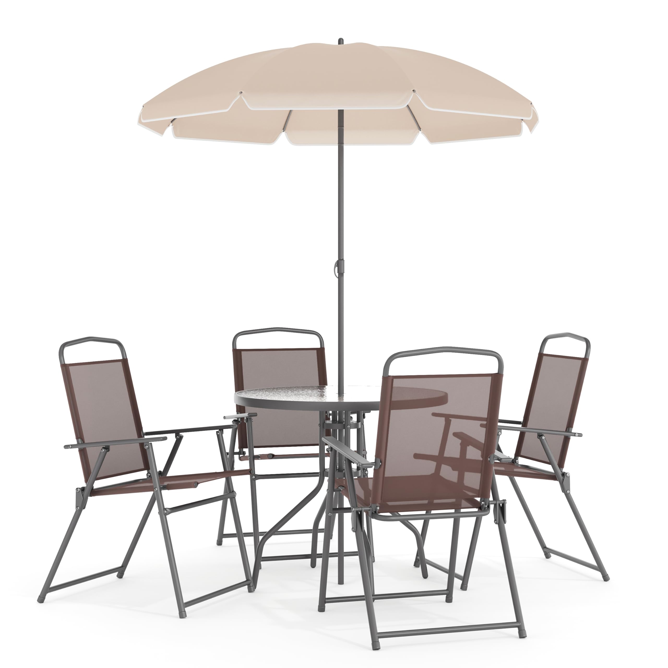 Photo 1 of Flash Furniture Nantucket 6-Piece Patio Dining Set with Glass Table, 4 Folding Chairs, and Umbrella, Outdoor Patio Set, Brown