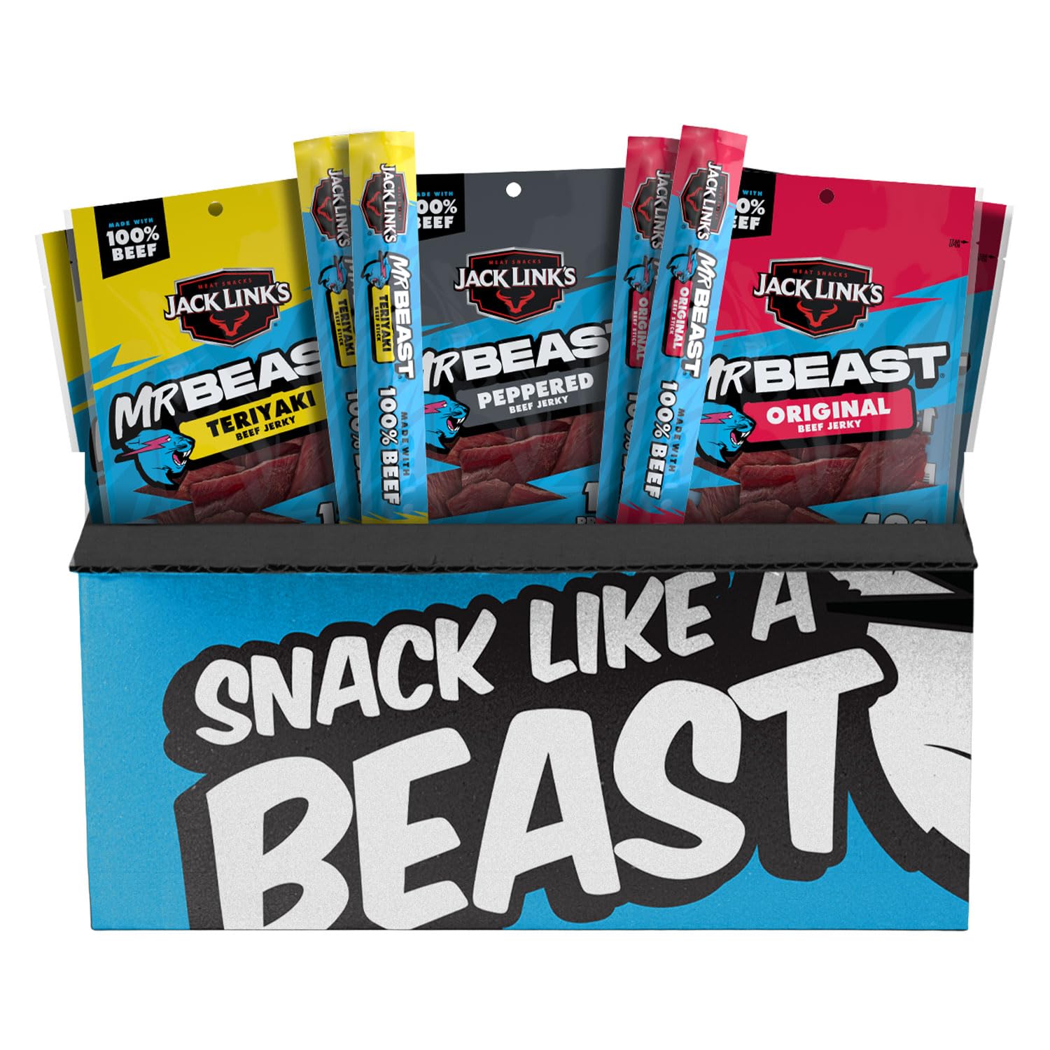 Jack Link’s x MrBeast Beef Jerky Variety Box, As Seen on Beast Games, Made with 100% Real Beef, Jerky Bags, Beef Sticks, Pantry-Ready Snacks, 9 Count Variety Pack Image