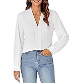 Rooscier Women's Elegant Pleated V Neck Long Sleeve Blouse Business Shirt Top