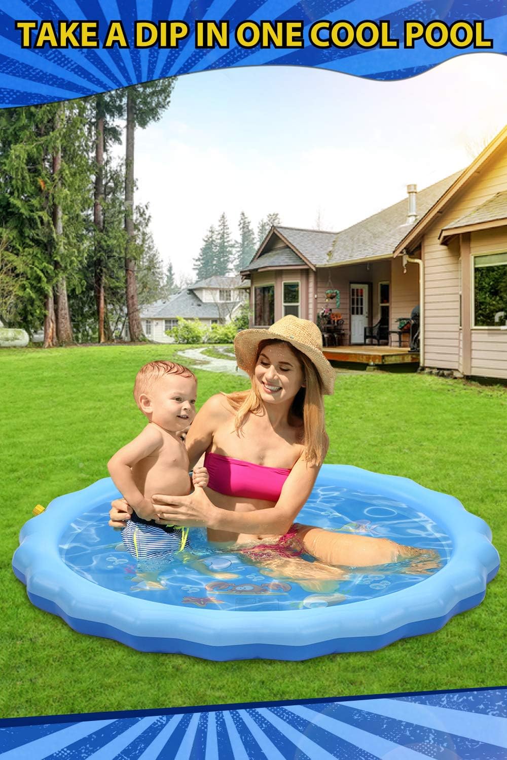 QPAU Splash Pad, 68" Sprinkler for Kids Dogs, Kiddie Baby Shallow Pool,Outside Toys Water Toys for Kids, Outdoor Toys for Toddlers Age 3-5 (Blue): Toys & Games